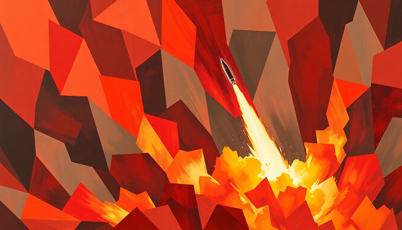A vibrant, abstract painting depicting the fractured, overlapping motion of a missile launch, conveying the chaos and uncertainty of the ongoing geopolitical conflict.