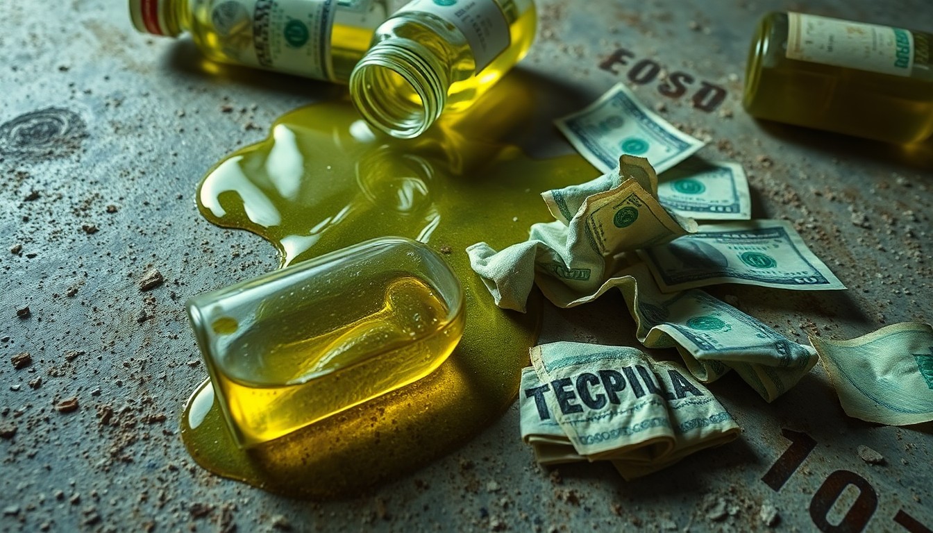 An abstract close-up photograph of spilled liquor and crumpled currency on a rough, textured surface, conveying the chaotic and regretful mood of a spring break gone awry.