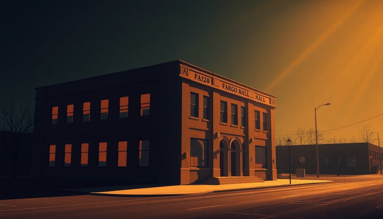 A serene, photorealistic painting of a government building in Fargo, North Dakota, with warm light and deep shadows creating a contemplative, nostalgic mood.