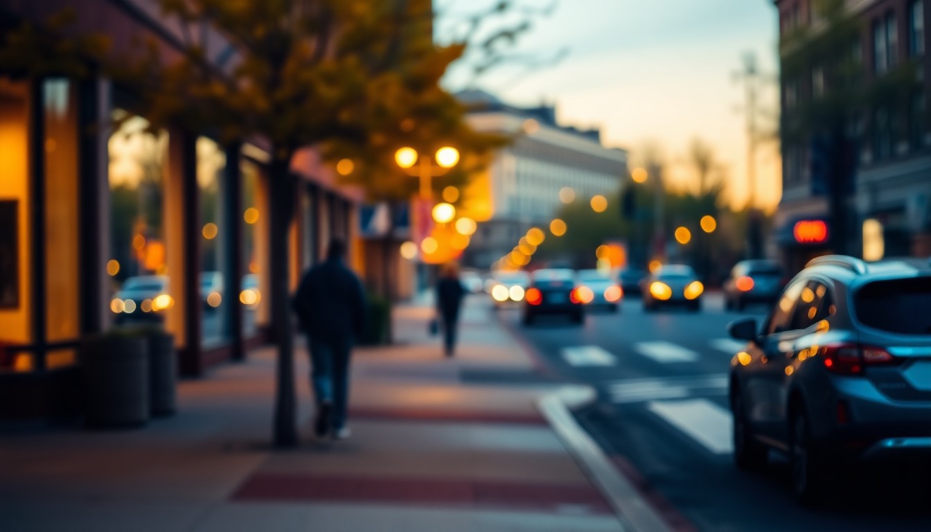 An abstract, out-of-focus scene of a city street corner, with soft pools of warm yellow, orange, and blue light washing over the sidewalk, bike lane, and parked cars, conveying a sense of urban atmosphere and pedestrian activity.