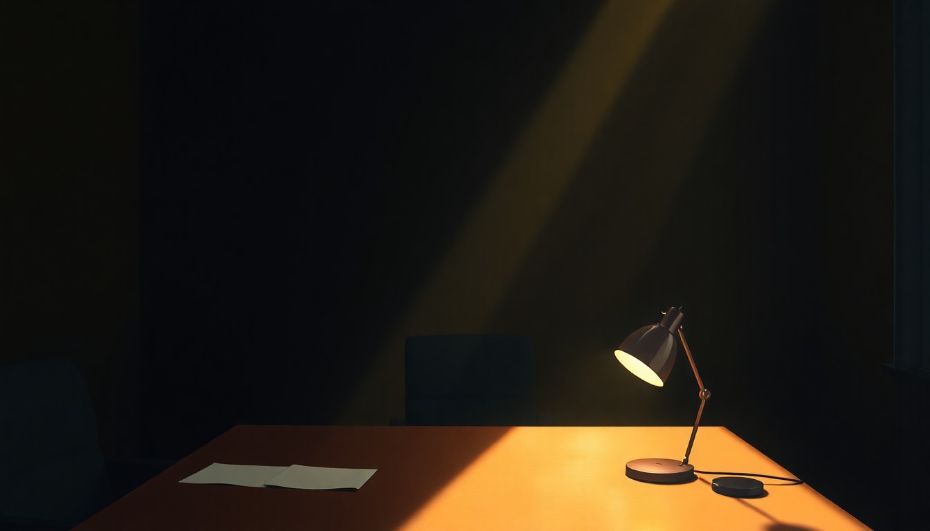 A warm, cinematic painting of a lone desk lamp casting long shadows across an empty office desk, conveying a sense of diminished capacity and reduced oversight in the consumer protection landscape.