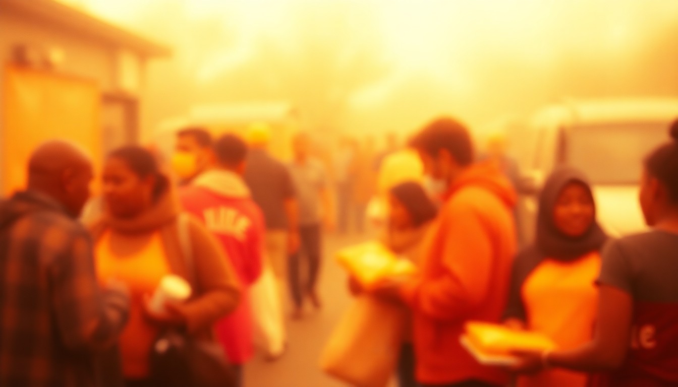 An abstract, impressionistic scene of blurred figures lining up to receive food, with soft pools of warm light and color creating a sense of community and compassion.