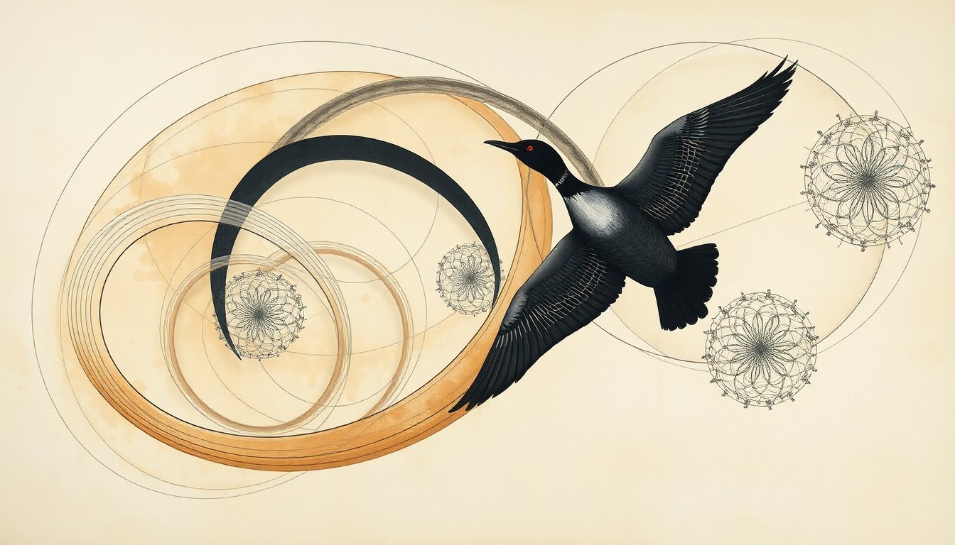 An abstract, highly structured painting featuring sweeping geometric arcs, intersecting waveforms, and precise botanical spirals in soft, earthy tones, conceptually representing the complex natural forces that can impact the flight and migration of loons.