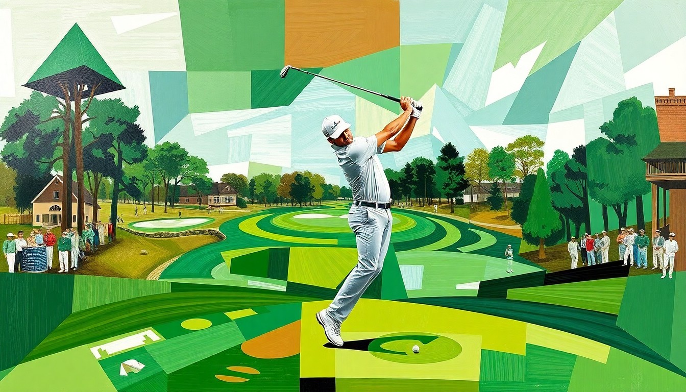 A cubist, geometric painting depicting the fractured movements of a golfer's swing and body on the golf course, using bold, overlapping shapes and planes in shades of green, brown, and white.