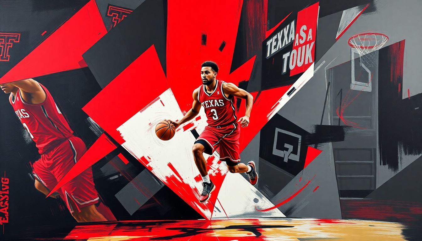 A cubist-style painting depicting a Texas Tech basketball player in mid-motion, with their body broken down into sharp, overlapping geometric shapes in shades of red, black, and gray.