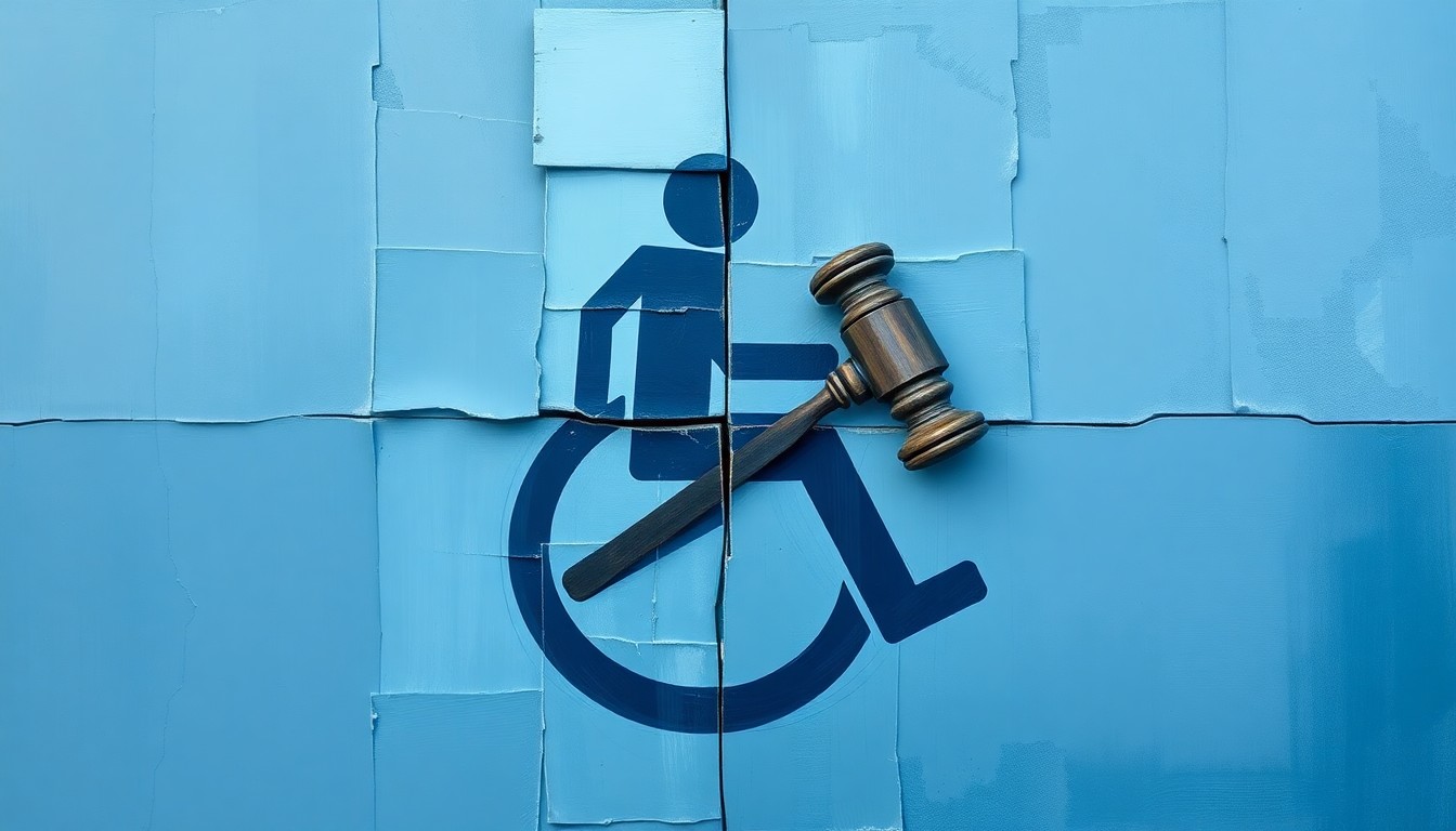 An abstract, fractured painting in shades of blue and gray depicting overlapping geometric shapes representing a wheelchair symbol and a gavel, symbolizing the tension between disability rights and legal exploitation.