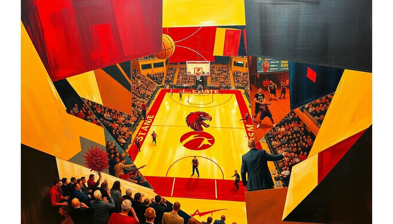 A cubist, geometric painting in shades of red and gold, depicting fragmented and overlapping shapes that represent the dynamic action of a college basketball game.
