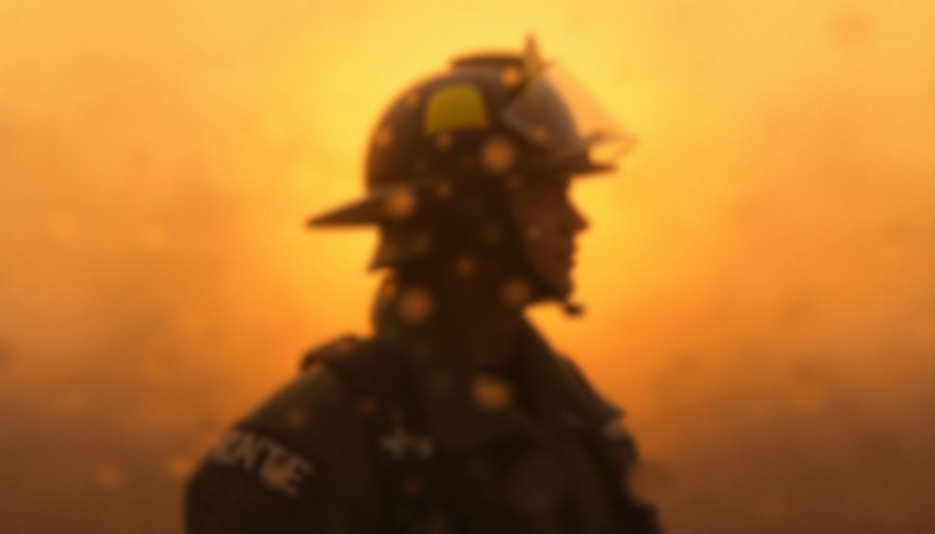 An abstract, impressionistic image of a firefighter's uniform and helmet, blurred and obscured by condensation or rain on a glass surface, conveying a sense of community concern and the temporary postponement of an important public meeting.