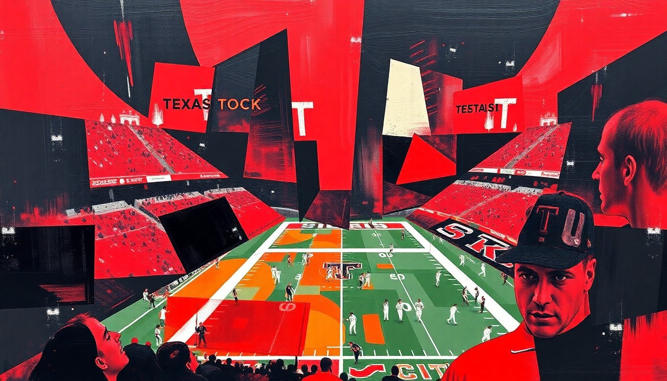 A fragmented, geometric painting in shades of red and black, capturing the overlapping perspectives and competing interests surrounding a college football game schedule change.