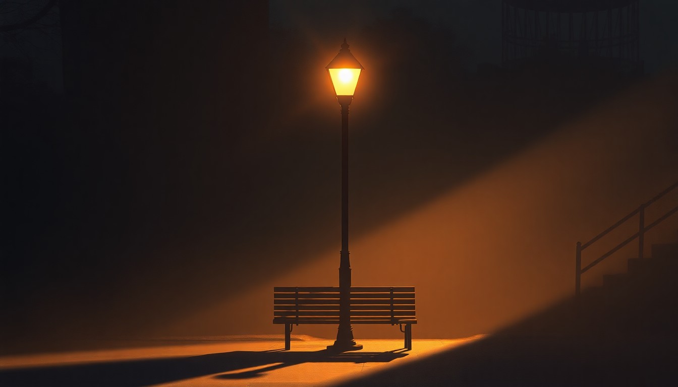 A serene, cinematic painting of a lone city street lamp or park bench cast in warm, golden light and long shadows, evoking a mood of contemplation about persistent disparities in New York.