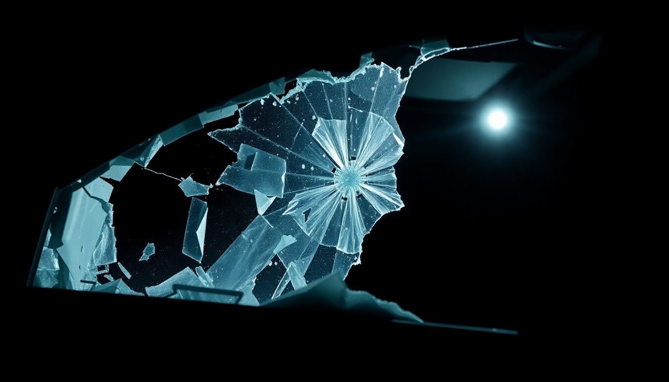 An extreme close-up photograph of a shattered car window and exposed airbag mechanism, creating a stark, gritty, investigative aesthetic.