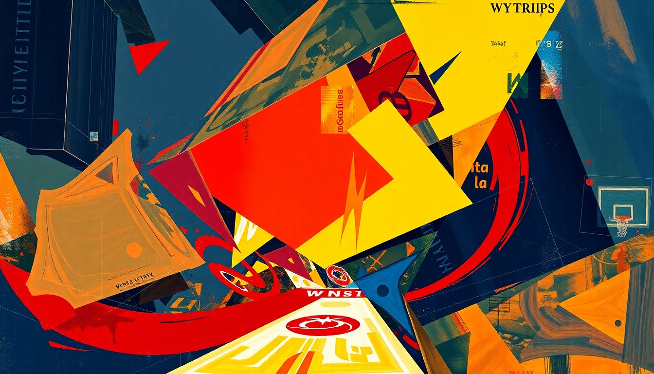 A fractured, abstract painting in bold navy, red, and gold colors, representing the strategic changes within the Washington Mystics organization.