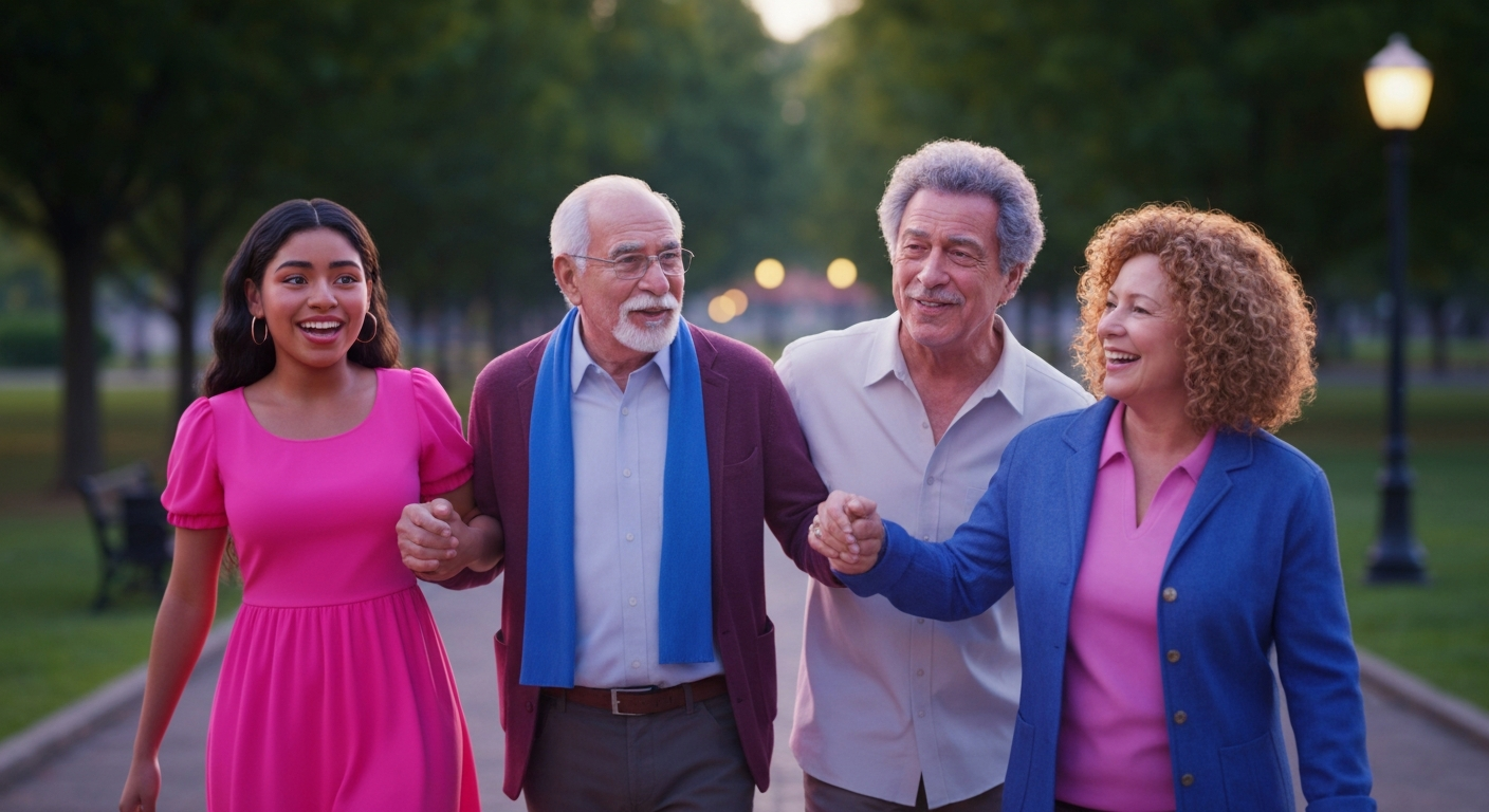 A minimalist design in the style of Keith Haring, with glowing neon lines outlining the shapes of people walking together in a park, conveying a sense of movement, energy, and community.