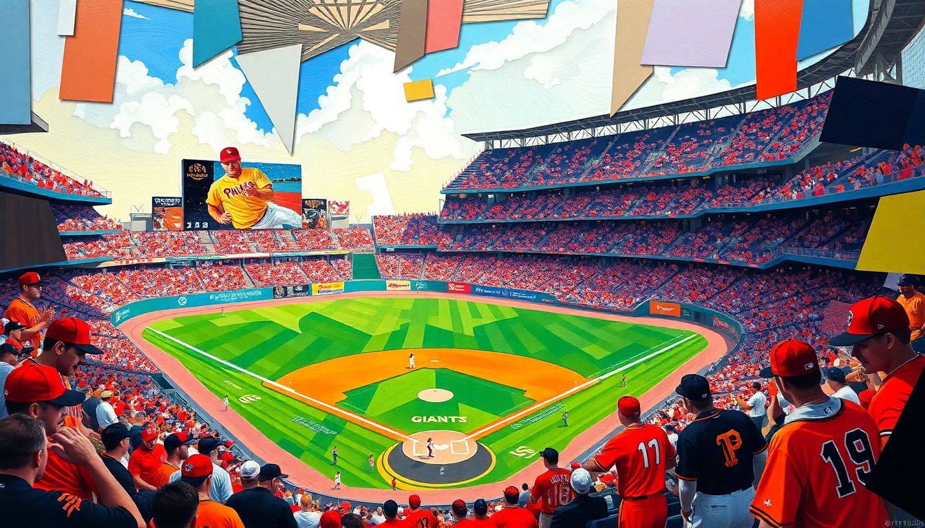 A fragmented, geometric painting in bold colors representing a baseball game between the Philadelphia Phillies and San Francisco Giants, with overlapping shapes and planes conveying the intensity of the competition.