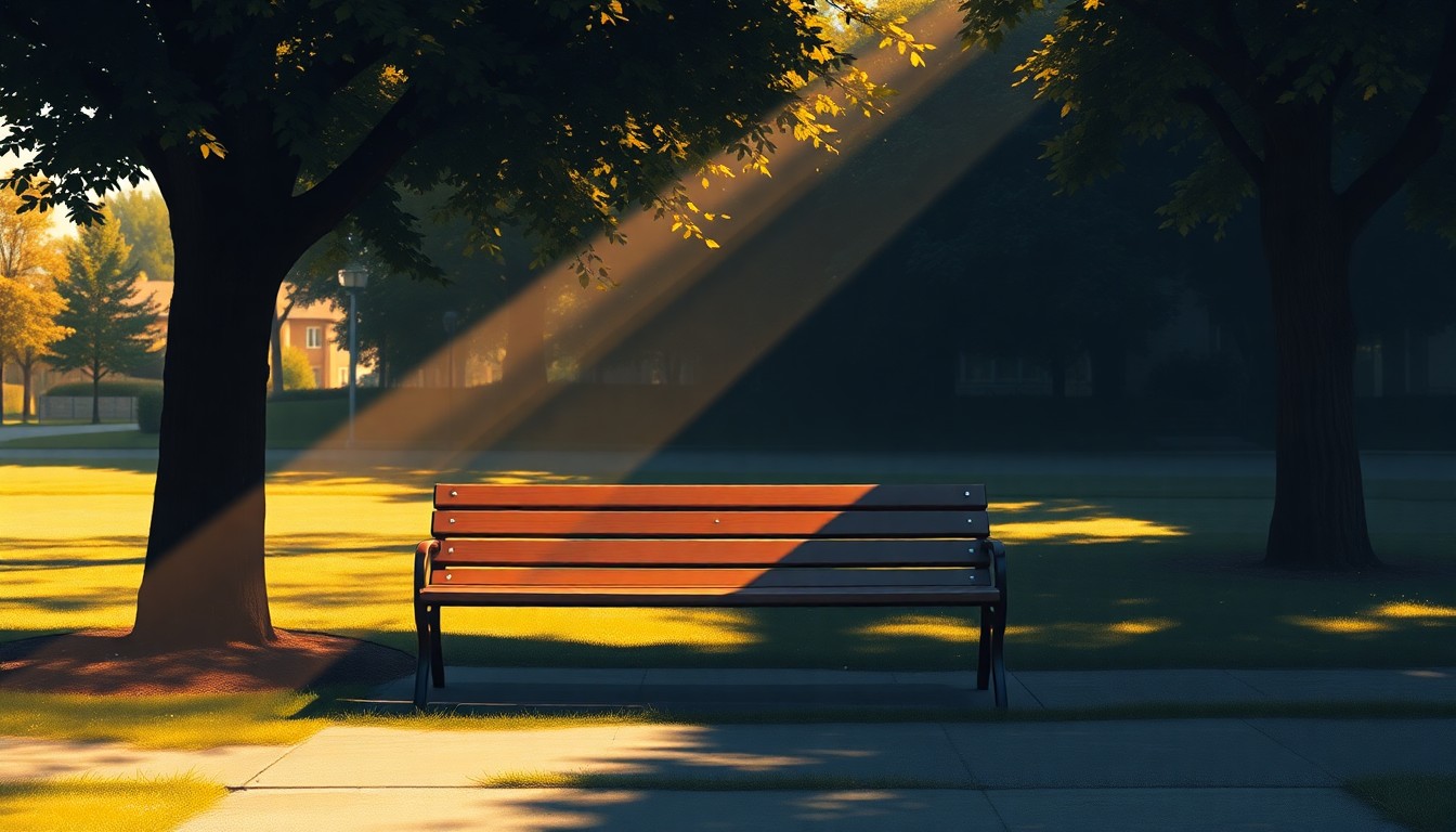 A serene oil painting depicting an empty park bench in warm, golden sunlight, conveying a sense of tranquility and civic pride in a newly improved public space.