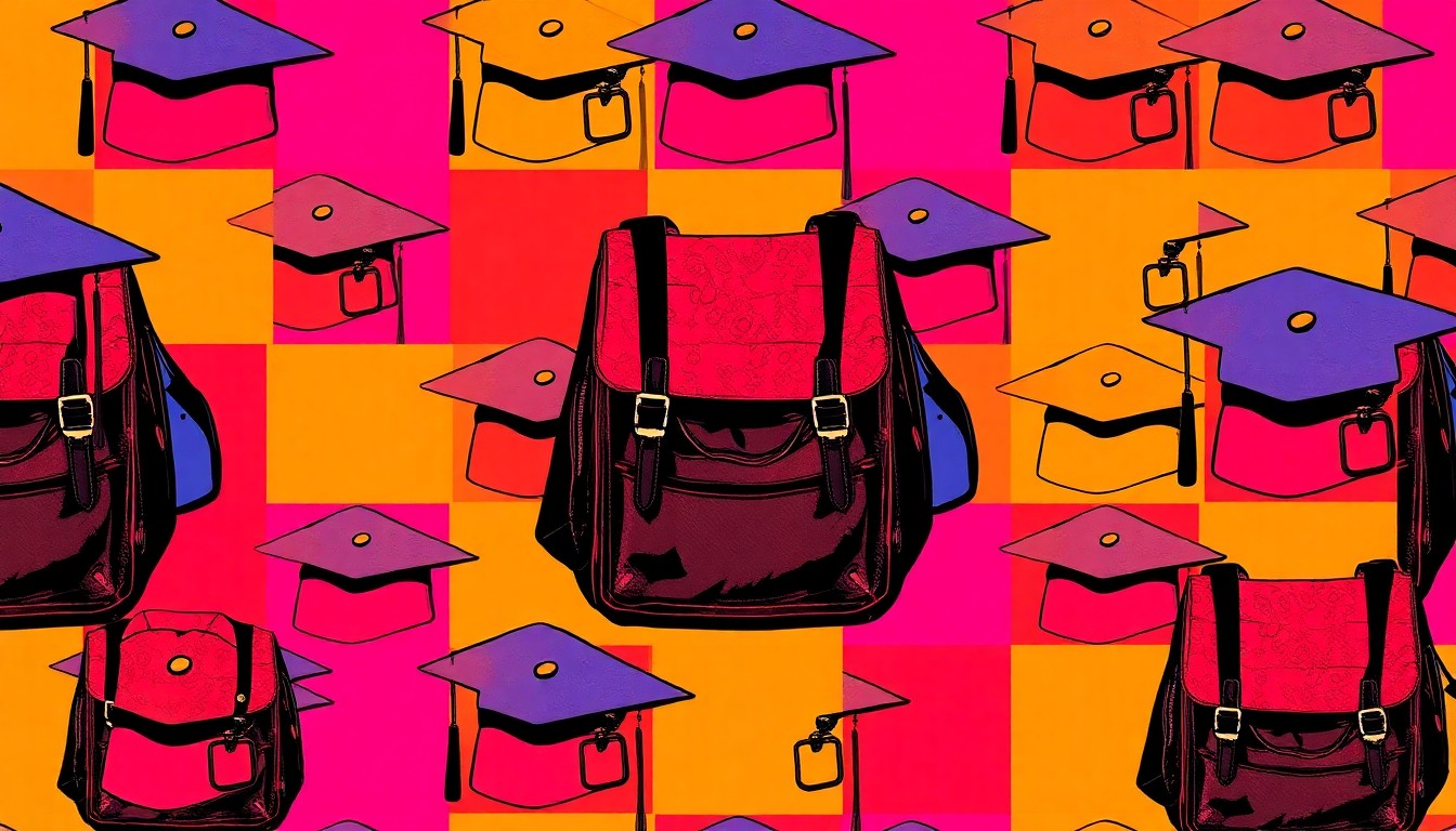 A highly stylized, pop art-inspired grid of graduation caps, backpacks, and military dog tags in neon colors, conceptually representing the accomplishments of a military youth leader.
