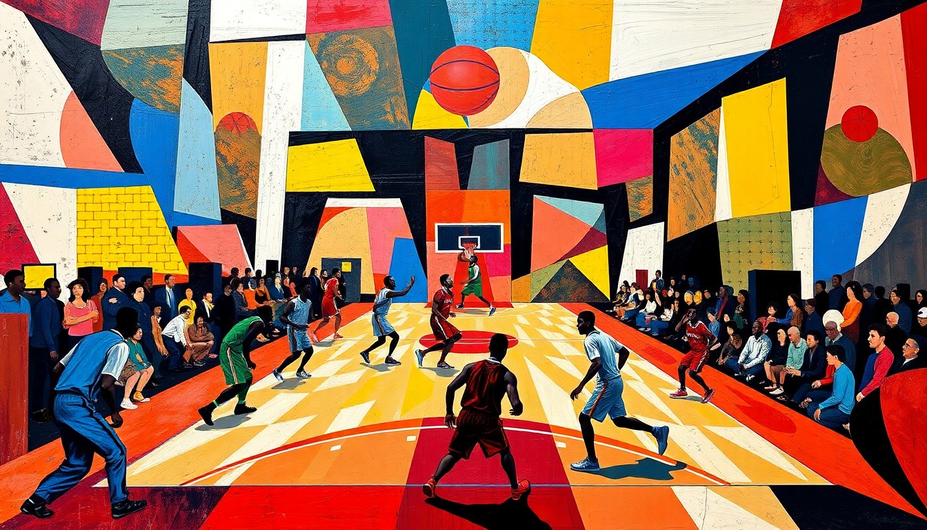 A fragmented, geometric painting depicting the movements and energy of a basketball game, with sharp, overlapping planes of color and form representing the exceptional talent and promise of a young player.