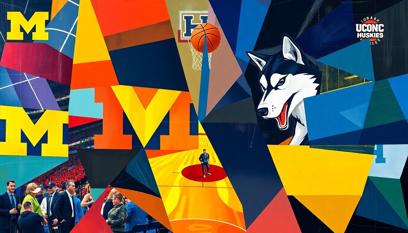 A cubist, geometric painting depicting a basketball game, with overlapping planes of color representing the teams' uniforms and the dynamic action on the court.