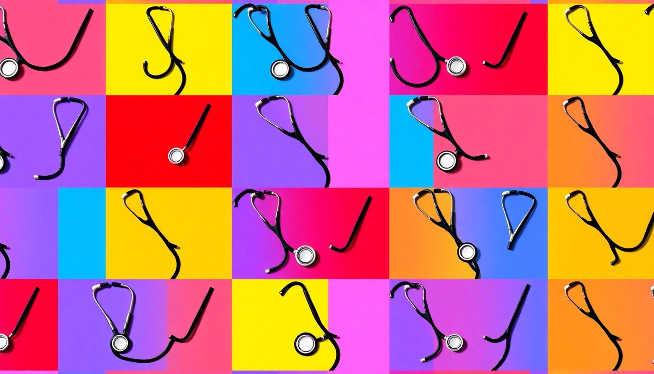 A highly stylized, repeating pattern of a veterinary stethoscope in bright neon colors, conceptually representing the importance of veterinary education and medical care.