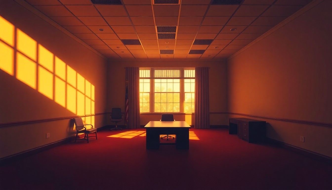 A quiet, cinematic painting of an empty government office space with warm, diagonal sunlight and deep shadows, conceptually illustrating the political isolation and missed opportunities in U.S.-Iran relations.