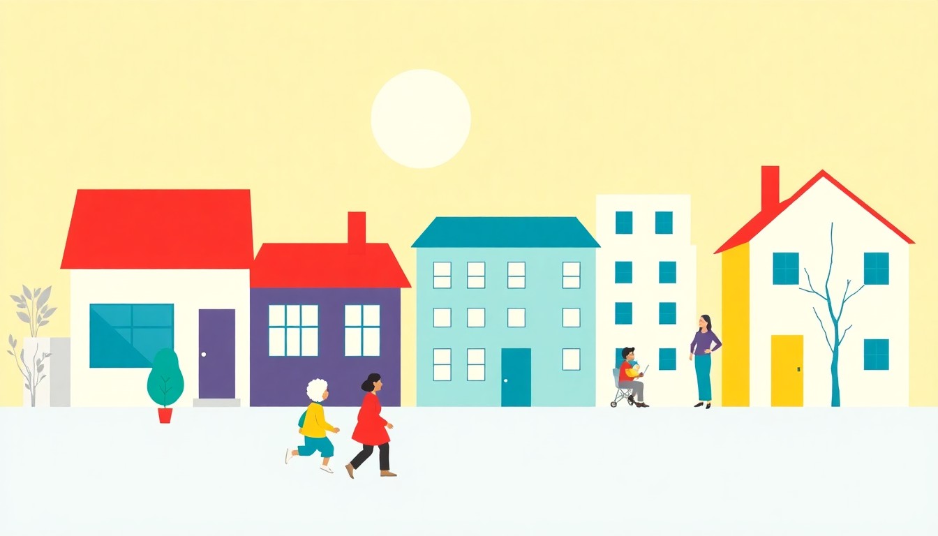 A geometric abstract illustration using bold shapes and primary colors to conceptually represent the high costs of housing, childcare, and other necessities that make up the true cost of living in New York City.