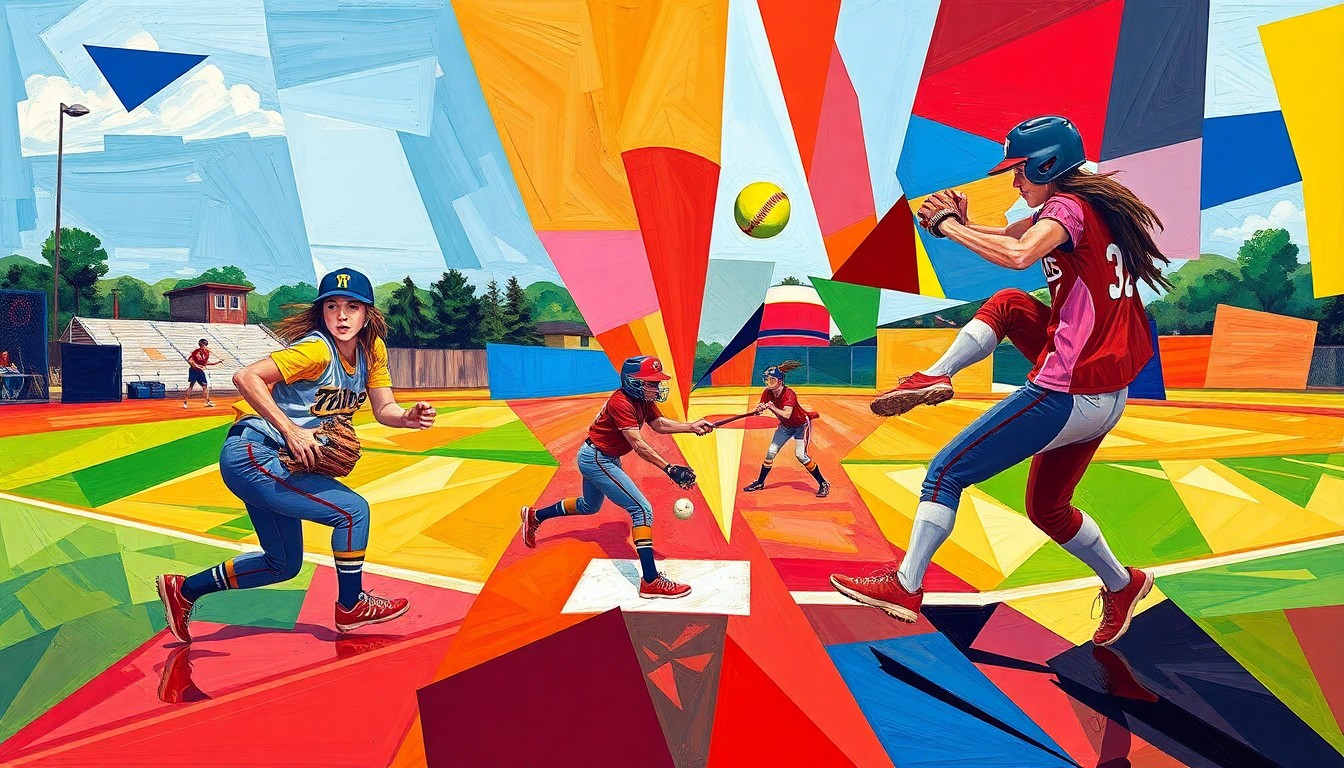A fractured, cubist-style painting depicting a softball game or match, with sharp geometric planes in bright colors representing the action on the field.