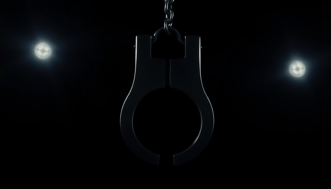 An extreme close-up photograph of a police handcuff against a pitch-black background, lit by a harsh, direct camera flash, creating a stark, gritty, investigative aesthetic.