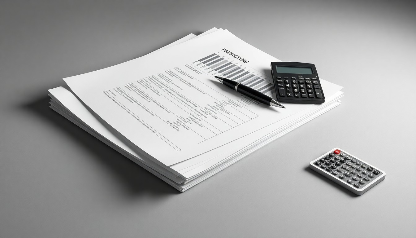 A minimalist studio still life photograph featuring a stack of financial reports, a pen, and a calculator arranged on a clean, grey background, conceptually representing the abstract corporate strategy and finance at the heart of the investigation.
