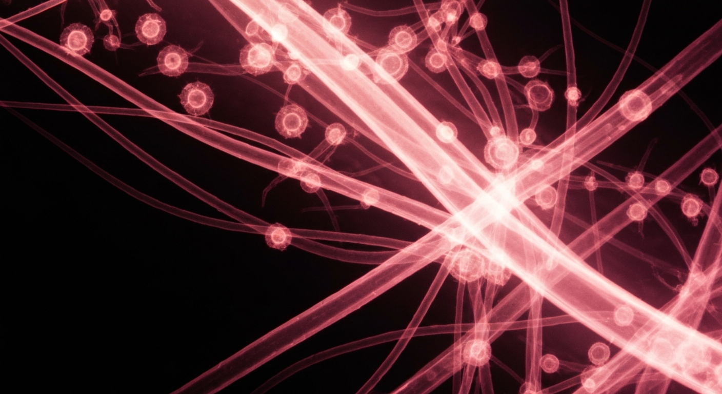 An extreme close-up X-ray photograph revealing the intricate, ghostly structures of a red tide algal bloom, with glowing tendrils and translucent cells against a dark background, conceptually illustrating the unseen dangers of these toxic algal events.