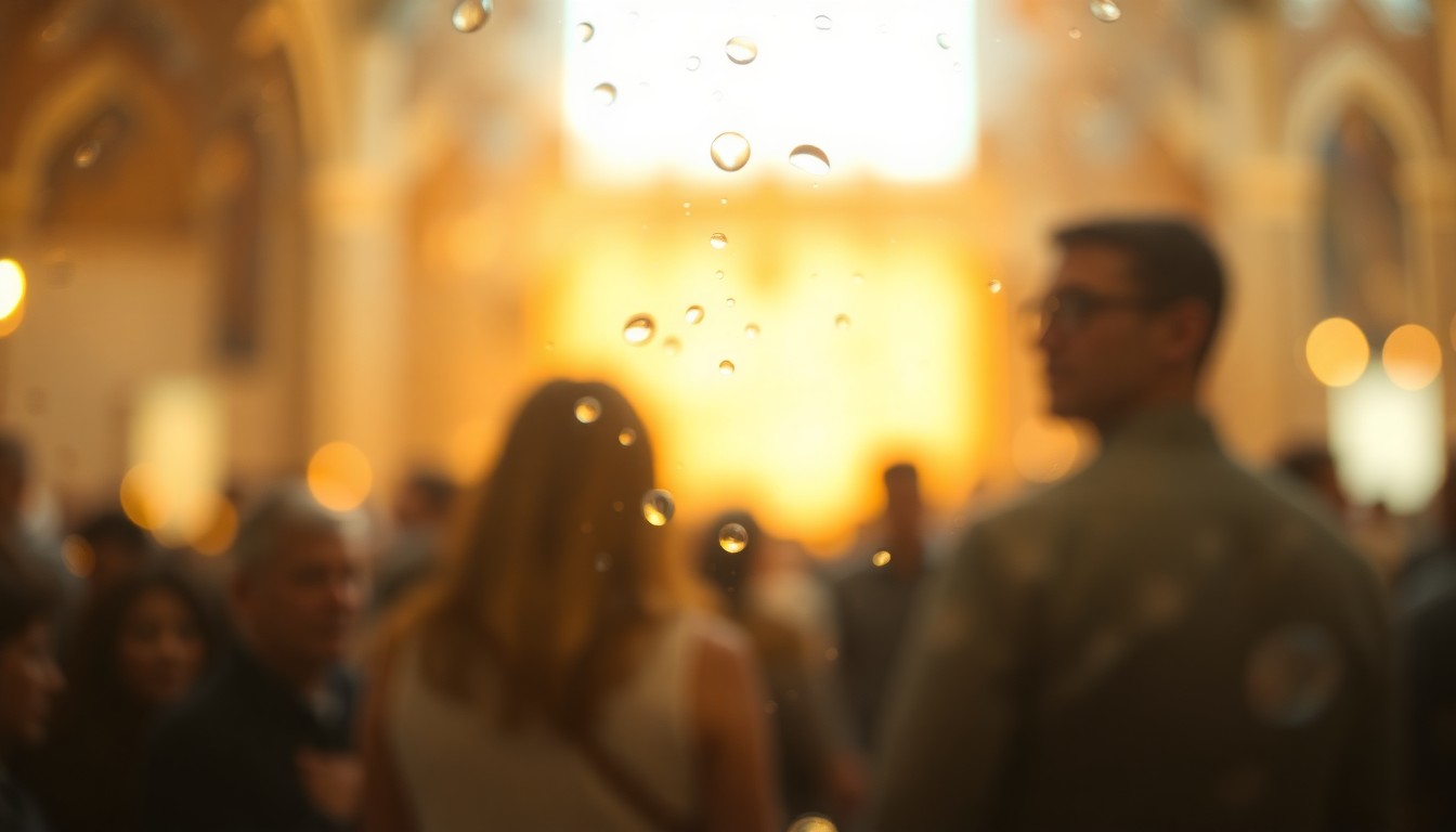 An abstract, impressionistic image composed of blurred, overlapping shapes and pools of warm, muted colors, conceptually representing a faith-based community gathering focused on land use and housing opportunities.