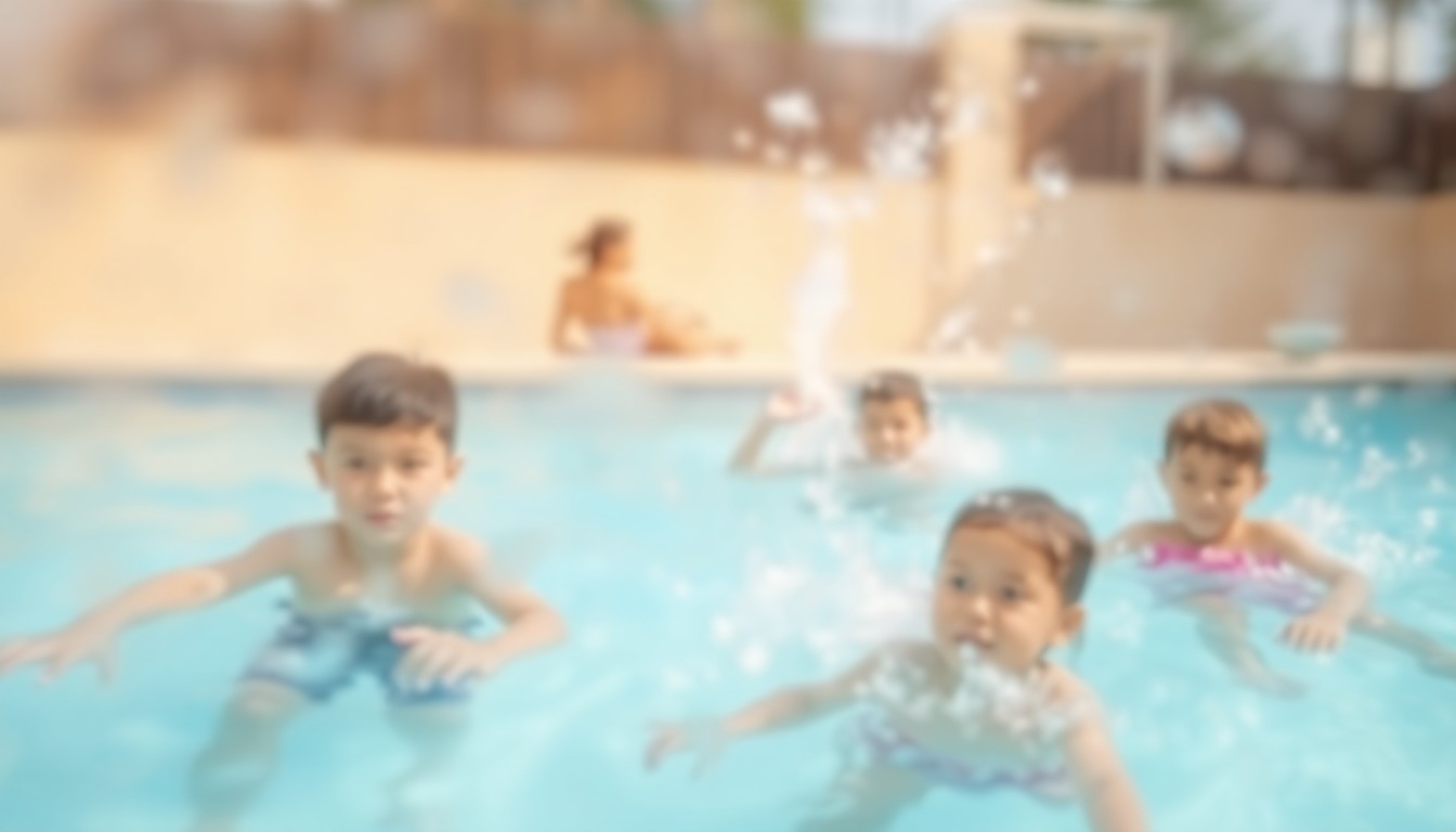 An impressionistic, blurred scene of children swimming and playing in a pool, captured in soft, warm-toned colors and light, conveying the joyful energy of a community-based swim program.
