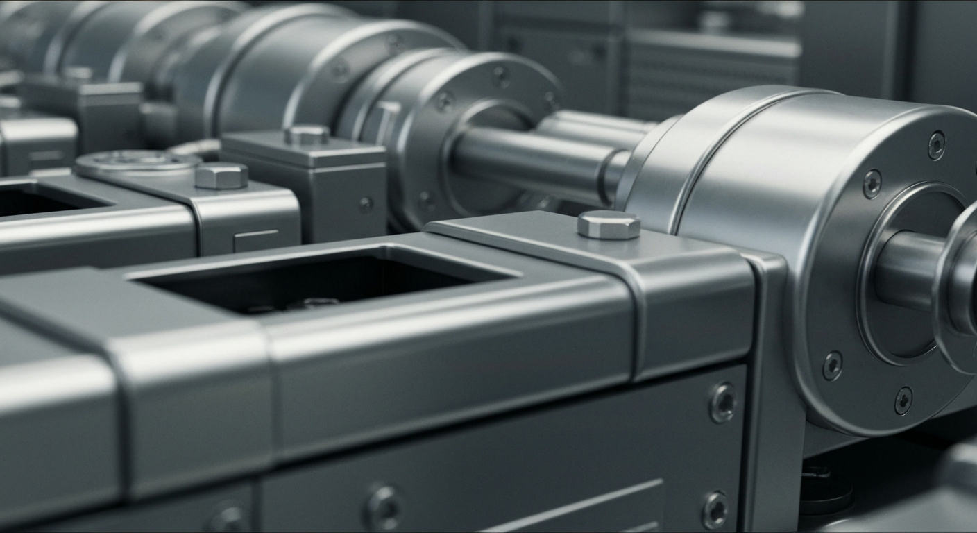 An extreme close-up of gleaming, industrial banking equipment and mechanisms, conveying the secure financial backing for the new Ritz-Carlton hotel in Savannah.