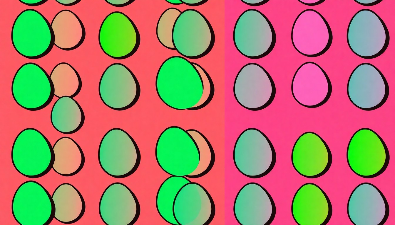 A vibrant, high-contrast silkscreen print of a single, stylized Easter egg repeated in a grid pattern, rendered in a bold, neon color palette with heavy black outlines, capturing the celebratory spirit of the annual White House event.