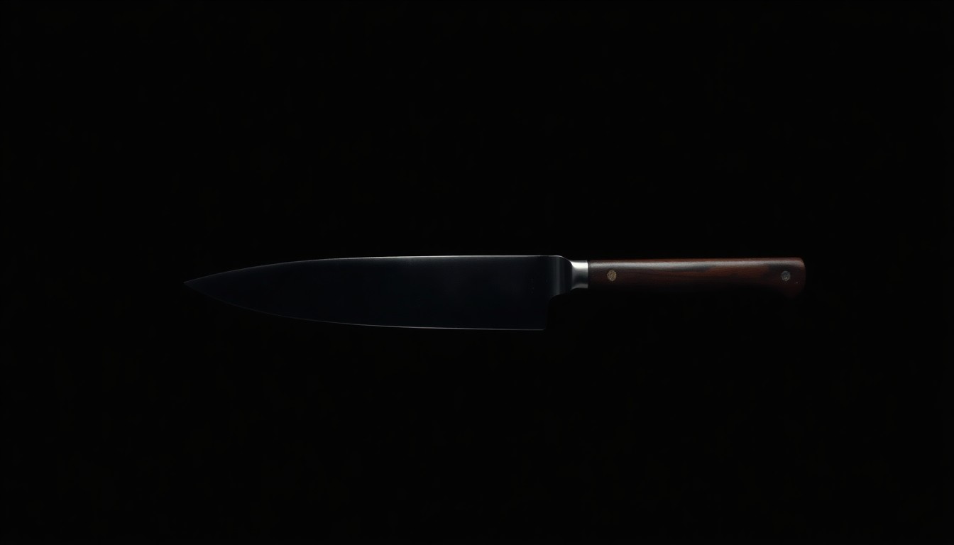 An extreme close-up photograph of a steak knife against a pitch-black background, lit by a harsh, direct camera flash, conceptually representing the stark and gritty details of a violent crime.