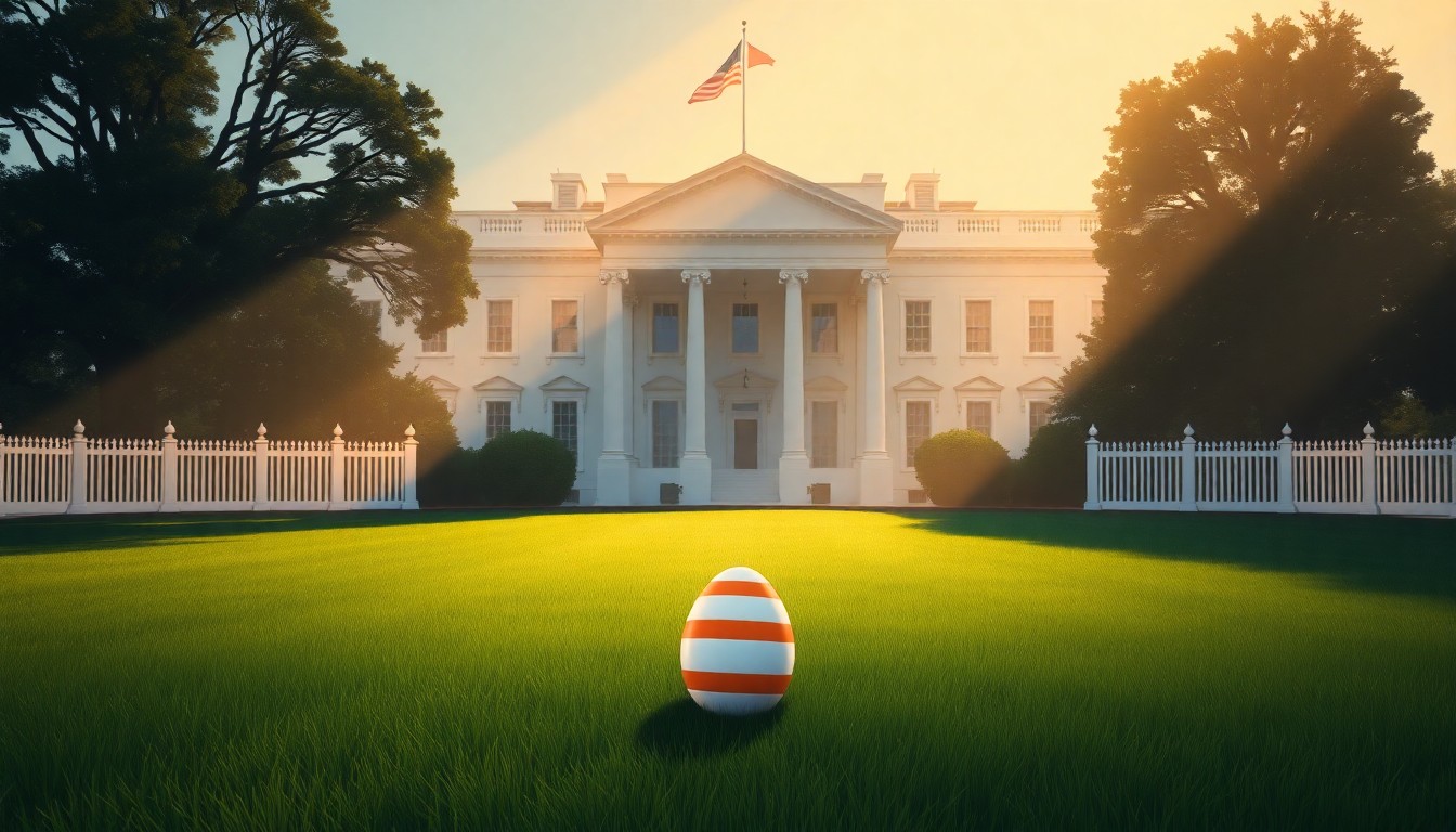 A serene, painterly scene of the White House lawn on Easter morning, with a lone Easter egg sitting in the grass, conveying a sense of absence and nostalgia.