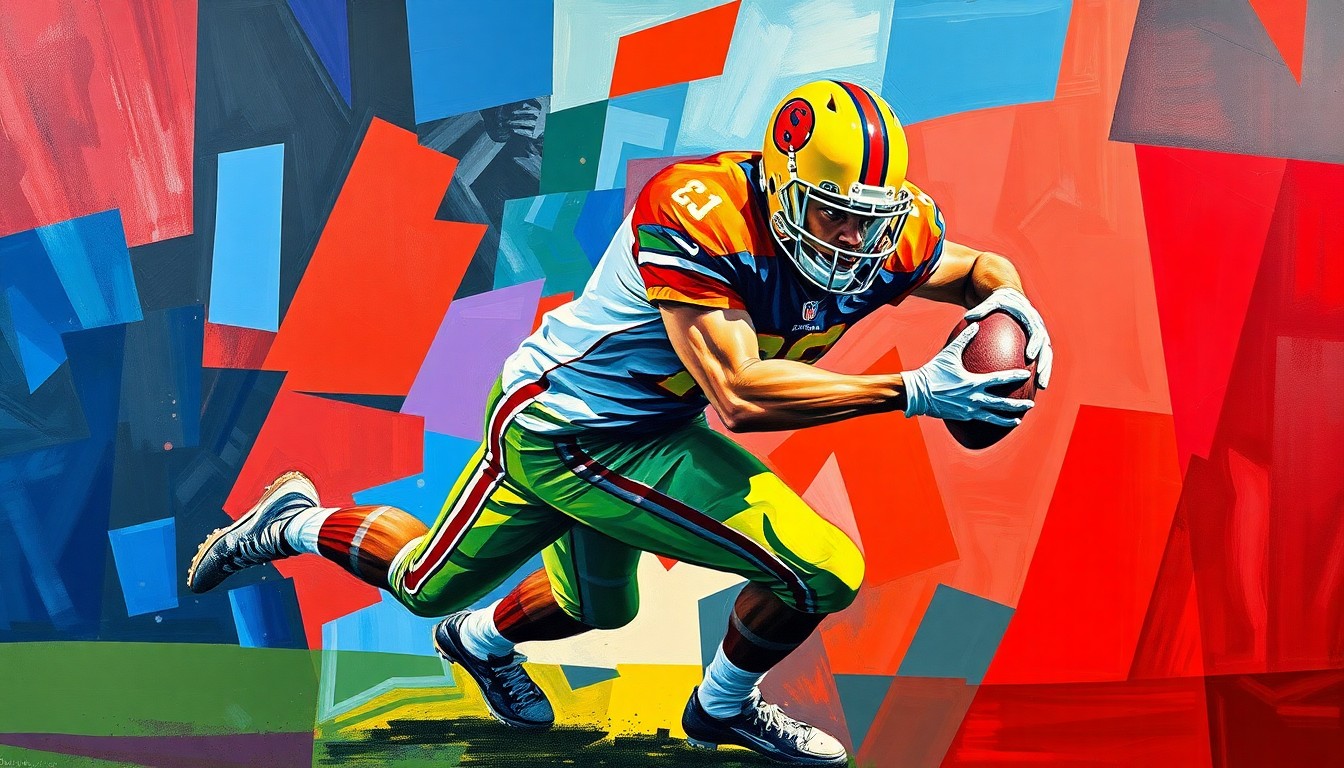 A cubist-style painting depicting a football player making a tackle, broken down into sharp, overlapping geometric shapes in vibrant colors, capturing the raw energy and movement of the sport.