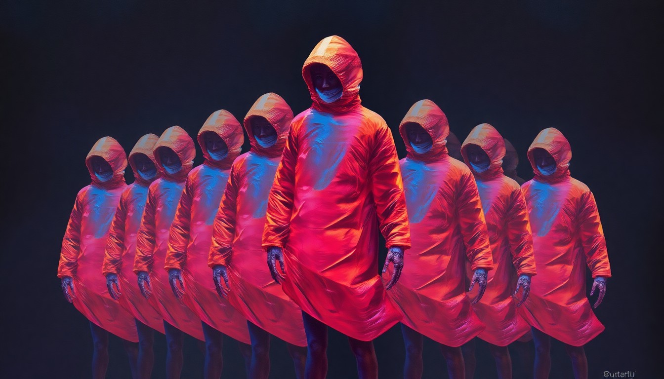 A dynamic, abstract painting featuring overlapping, geometric shapes in vibrant colors representing a person in an inflatable phallic costume, conveying the tension and energy of the protest confrontation.