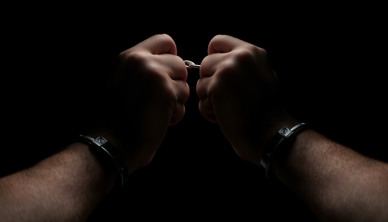 An extreme close-up photograph of a pair of handcuffed hands against a pitch-black background, lit by a harsh, direct camera flash, conceptually representing the high-stakes consequences of the deportation of a key witness in a federal drug case.