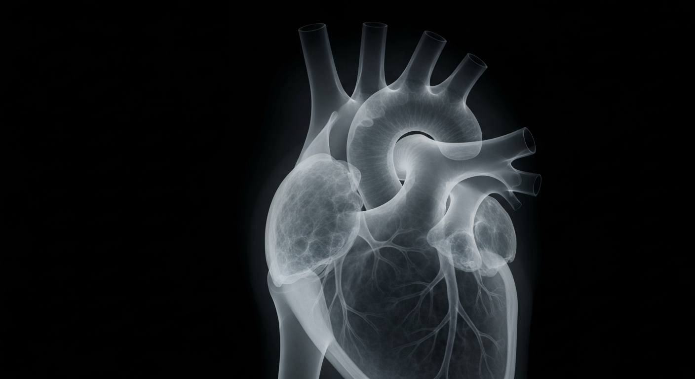 A ghostly, translucent X-ray photograph revealing the intricate internal structure of a human heart, conceptually representing the focus on early detection and prevention of heart disease.