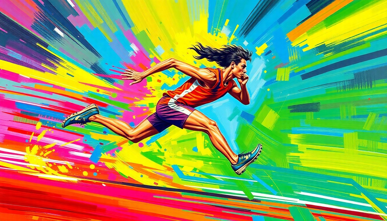An abstract, expressionist painting in vibrant neon colors, capturing the dynamic motion and raw power of a high school track and field athlete in mid-sprint.