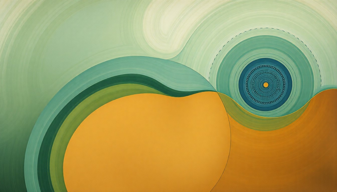 A bold, abstract painting in muted shades of green, blue, and brown, featuring sweeping geometric shapes and precise botanical spirals that evoke the natural flow of sediment from a tidal creek into a coastal wetland ecosystem, conveying the interconnectedness of these vital environments.
