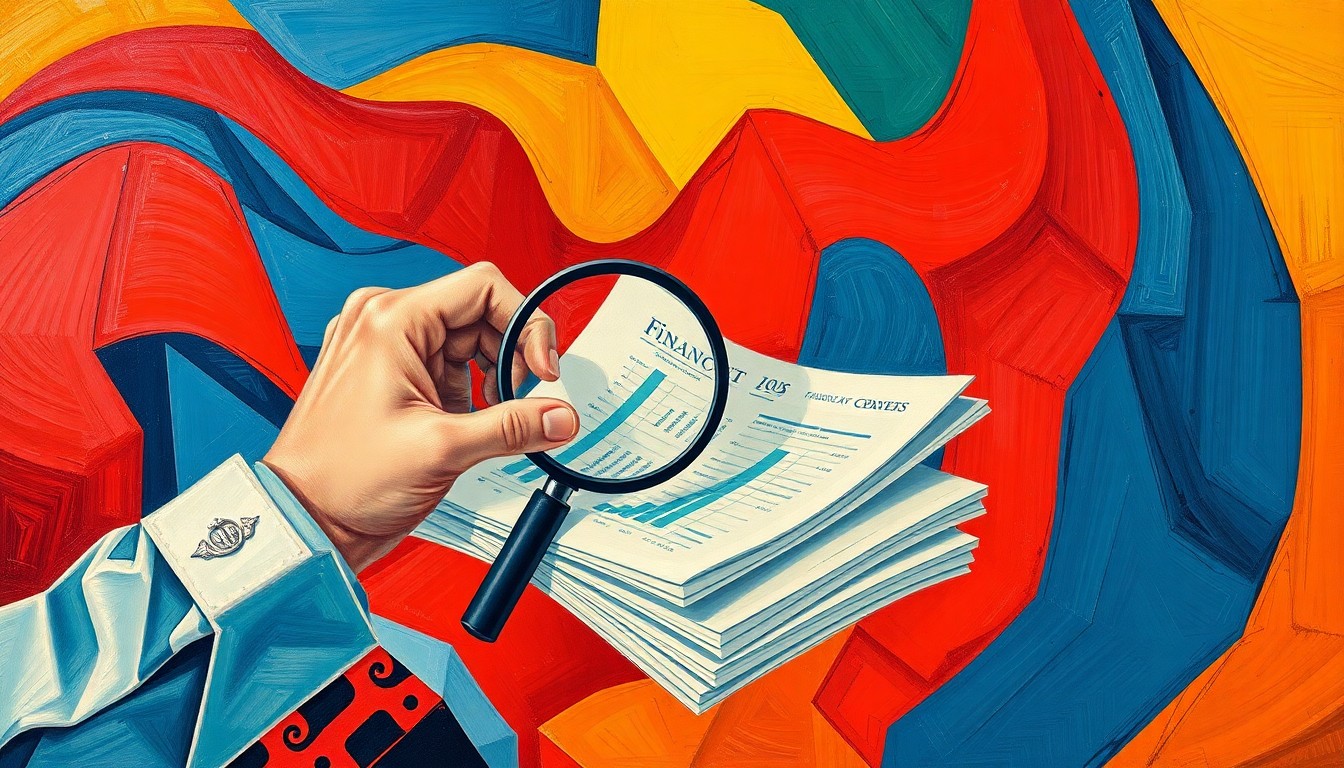 A dynamic, abstract painting of a hand holding a magnifying glass examining financial documents, with overlapping geometric shapes and waves of vibrant red, blue, and yellow colors, conveying the concept of citizen investigation into government fraud.