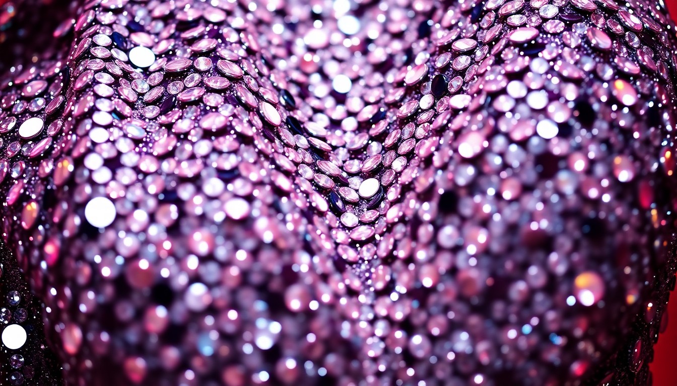 An extreme close-up photograph of glittering sequins and shimmering rhinestones, capturing the high-energy glamour and opulent style of a Las Vegas drag revue.