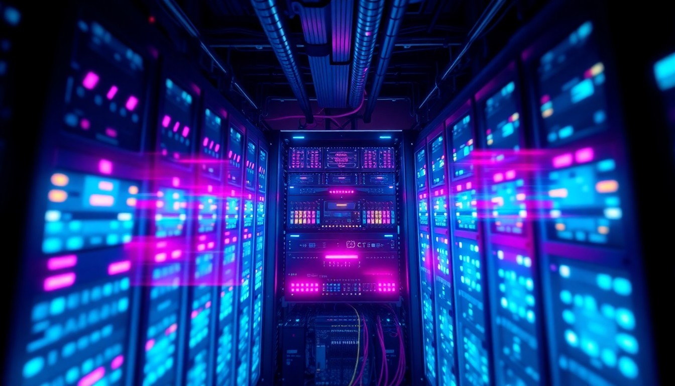 A highly detailed, 3D macro illustration of a glowing, futuristic data center server rack, its intricate components and cables illuminated in neon blue and magenta, conceptually representing the technological infrastructure at the heart of the data center debate.