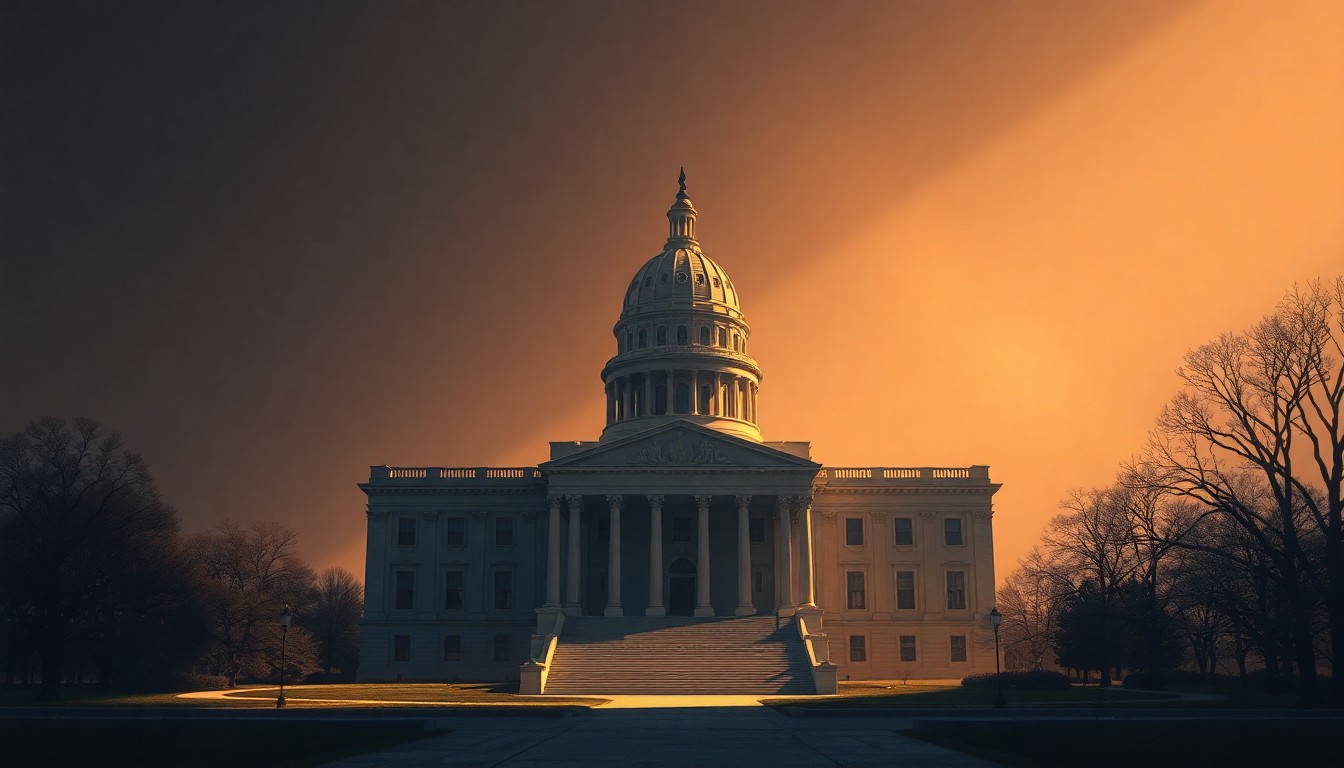 A serene, photorealistic painting of a state capitol building in warm, golden light, conveying the solemn and deliberative nature of the budget process.