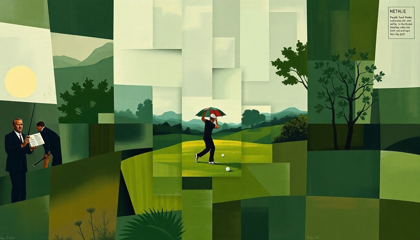 A fragmented, geometric painting in muted tones depicting a golf match or competition, with the players and field of play broken down into sharp, overlapping planes, conveying a sense of tension and unease.