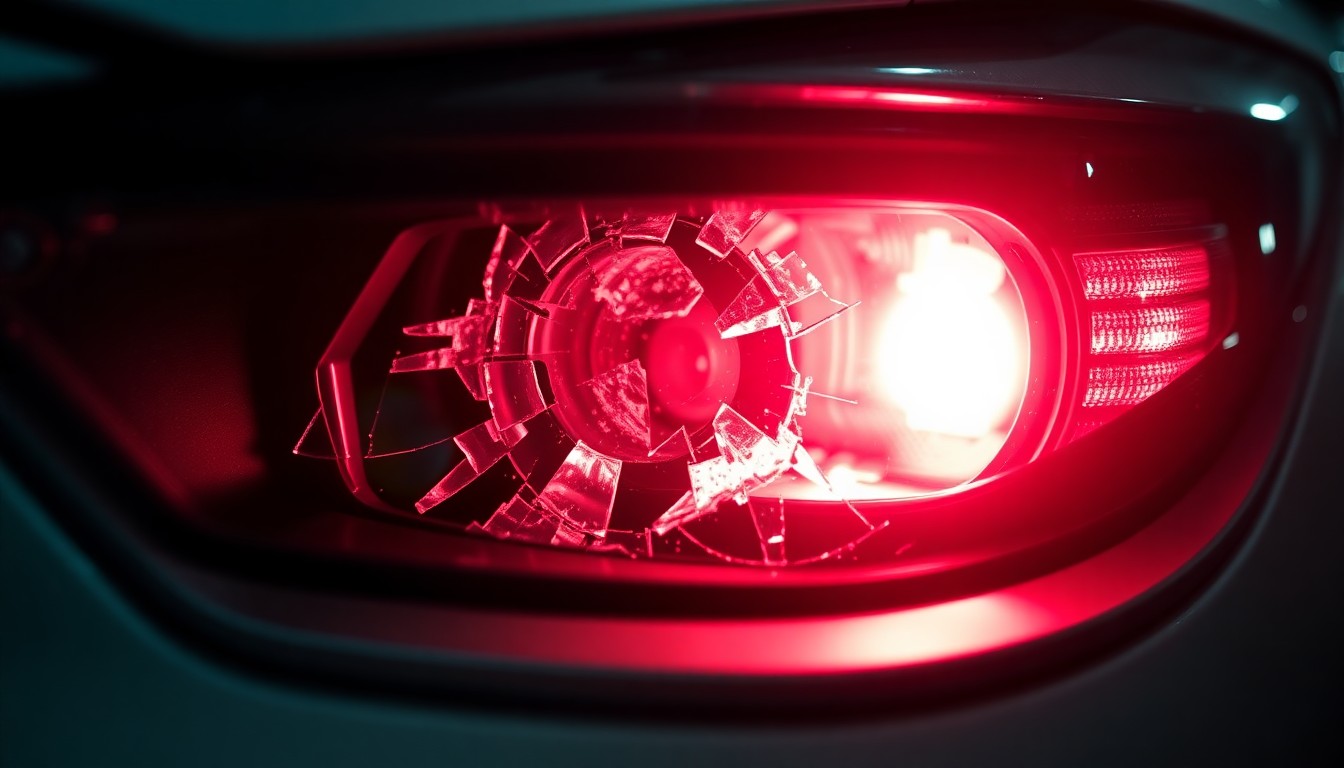 An extreme close-up of a shattered car sensor lens reflecting a faint red light, conceptually illustrating the vandalism of self-driving cars.