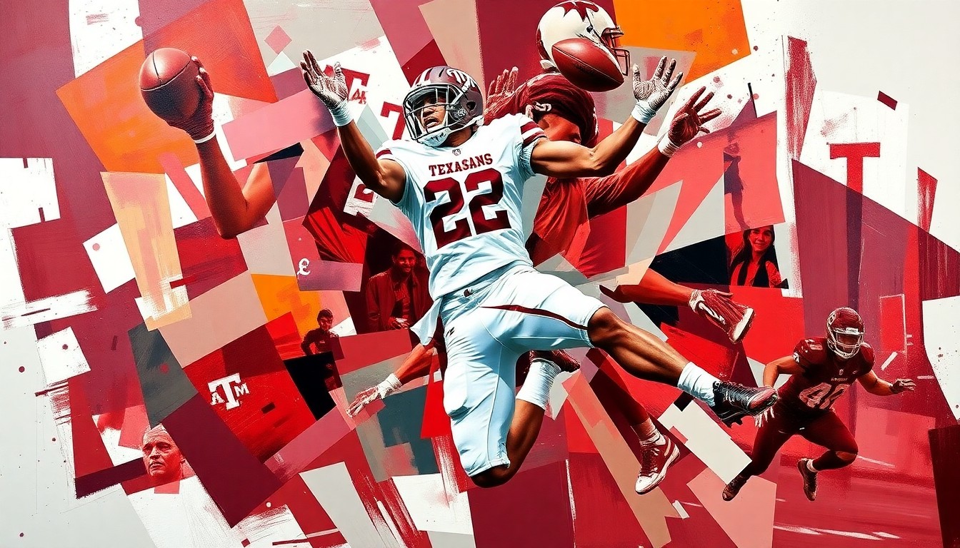 A fractured, cubist-style painting depicting a Texas A&M wide receiver making a catch, with the player's body broken down into sharp, overlapping geometric shapes in the team's maroon and white colors, capturing the raw energy and motion of the play.