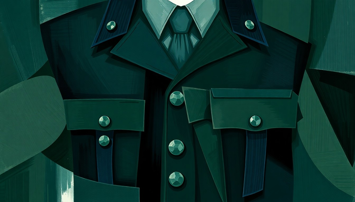A dynamic, abstract painting featuring overlapping geometric shapes and fractured brushstrokes in shades of green, blue, and gray, conceptually representing the ideological shift in military education.