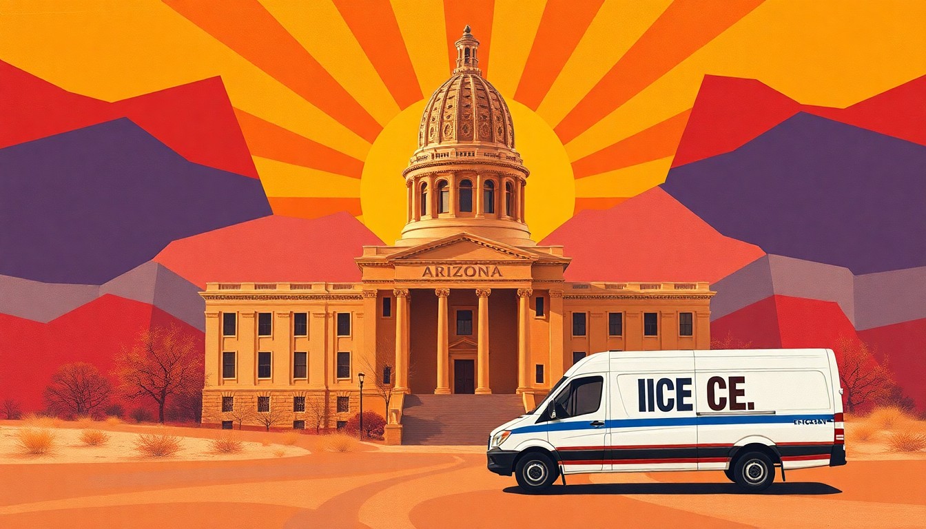 A conceptual illustration in the style of Giacomo Balla, featuring overlapping, geometric brushstrokes of warm desert colors depicting an Arizona state capitol building and an ICE enforcement van, representing the political clash over immigration policies.